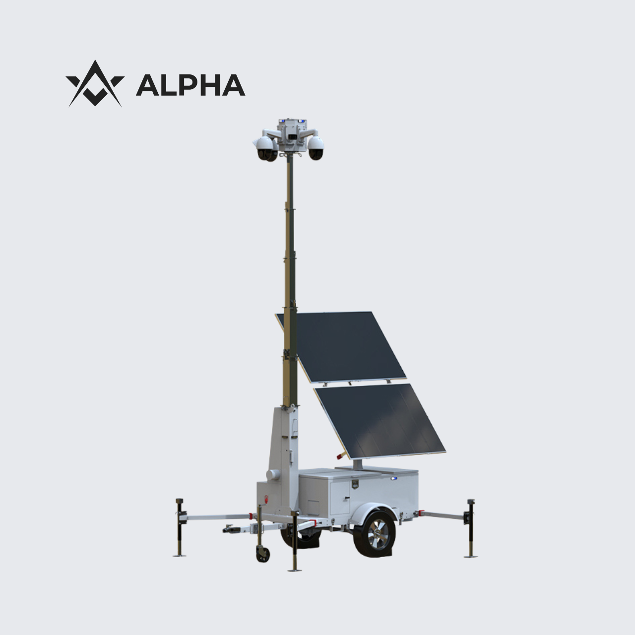 Alpha Trailer - Light tower with solar panels on a white background, featuring the Alpha brand.